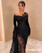 Sexy Black Tulle And Lace Off Shoulder Side Slit Mermaid Long Prom Dresses, PD3793