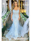 Sexy Blue Tulle And Lace Spaghetti Straps Lace Up Back Mermaid Long Prom Dresses, PD3827