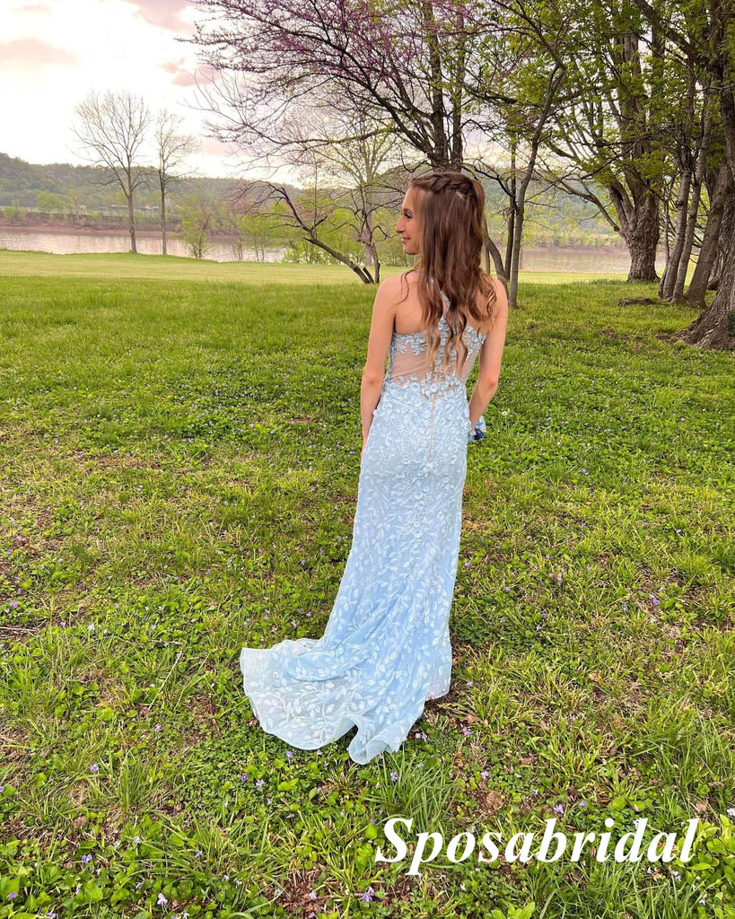 Sexy Blue Tulle And Lace Spaghetti Straps Sleeveless Side Slit Mermaid Long Prom Dresses, PD3942