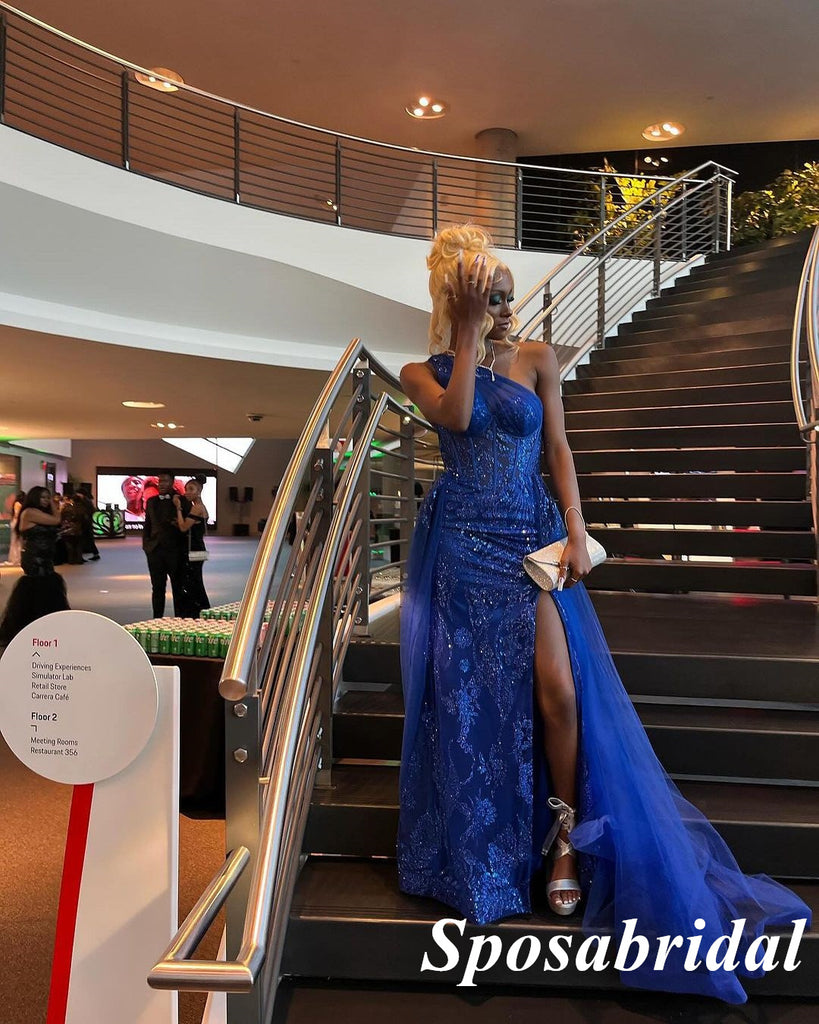 Sexy Royal Blue Tulle And Lace One Shoulder Sleeveless Side Slit Mermaid Long Prom Dresses, PD3917