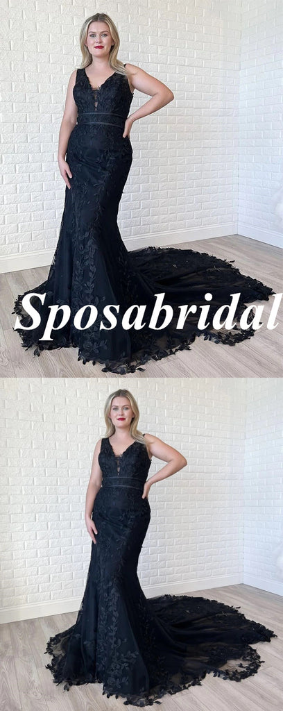 Sexy Black Tulle And Lace Spaghetti Straps V-Neck Mermaid Long Prom Dresses, PD3760