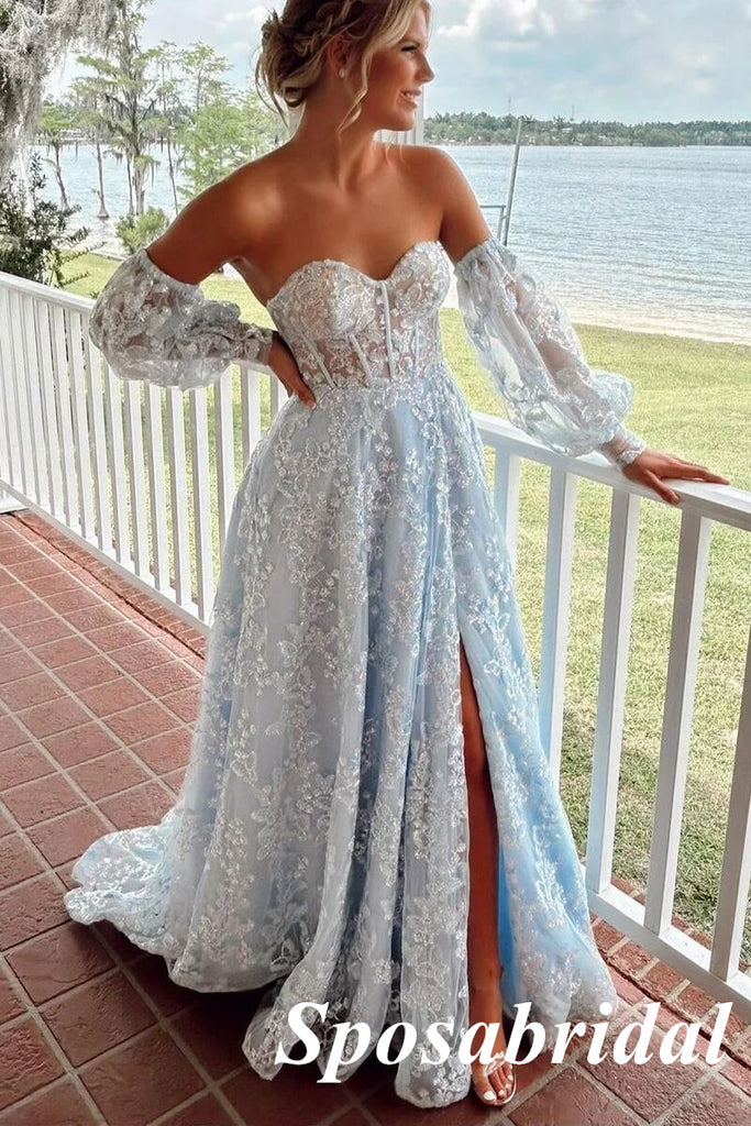Sexy Tulle And Lace Sweetheart V-Neck Sleeveless Side Slit A-Line Long Prom Dresses, PD3913