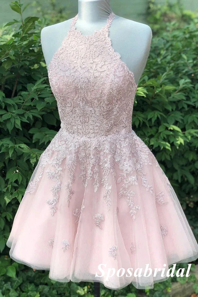Sexy Tulle Halter A-Line Mini Dresses/ Homecoming Dresses With Lace, PD3587
