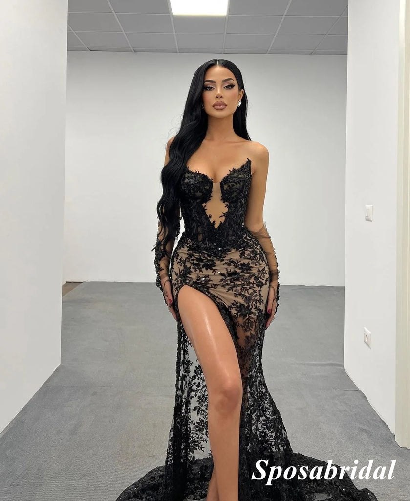 Sexy Black Tulle And Lace Sweetheart V-Neck Side Slit Mermaid Long Prom Dresses, PD3792