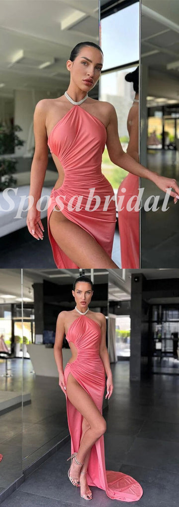 Sexy Satin Grecian Sleeveless Side Slit Mermaid Long Prom Dresses, PD3625