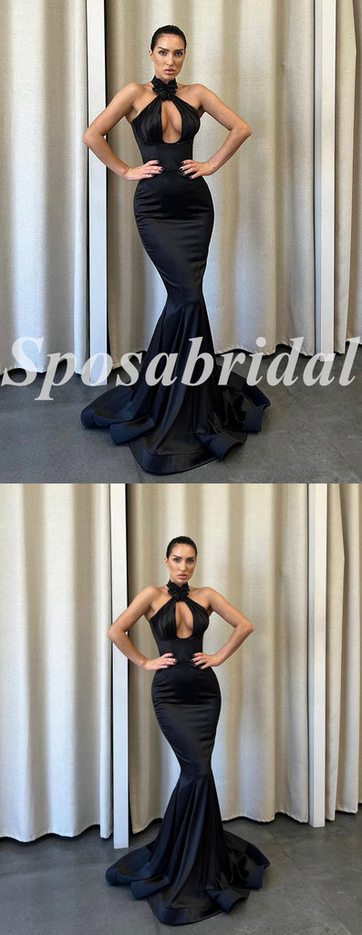 Sexy Black Satin High Neck Sleeveless Mermaid Long Prom Dresses,PD3659