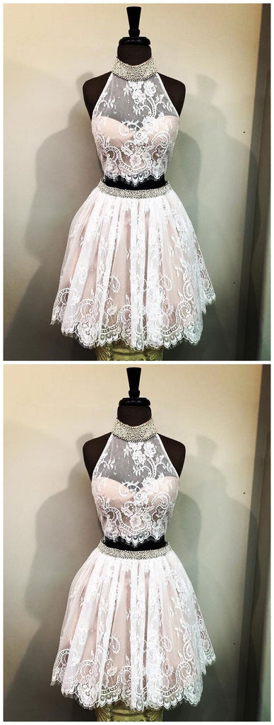 Cheap Halter Two Piece Cute Lace Homecoming Dresses 2018, CM497 - SposaBridal