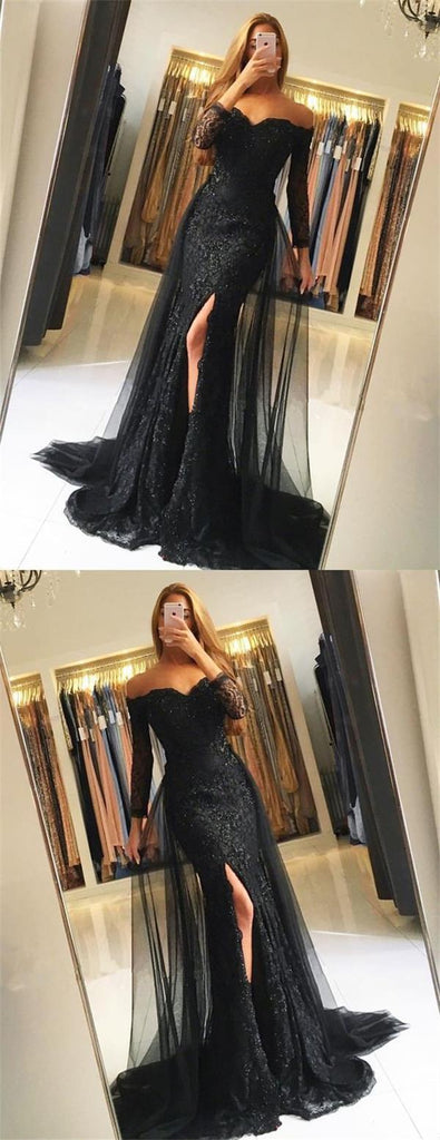 Black Lace Tulle Newest Mermaid Prom Dress, Long Sleeves Prom Dresses, Evening Dress, PD0443 - SposaBridal