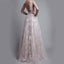 Sexy Ivory Tulle A-Line V-Neck Lace Appliques Long Party Prom Dress, PD0281
