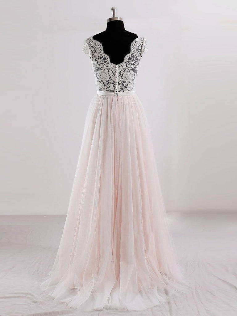 Cap Sleeves V Neck See Through A-line Cheap Wedding Dresses Online, WD342 - SposaBridal