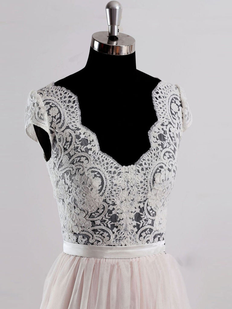 Cap Sleeves V Neck See Through A-line Cheap Wedding Dresses Online, WD342 - SposaBridal