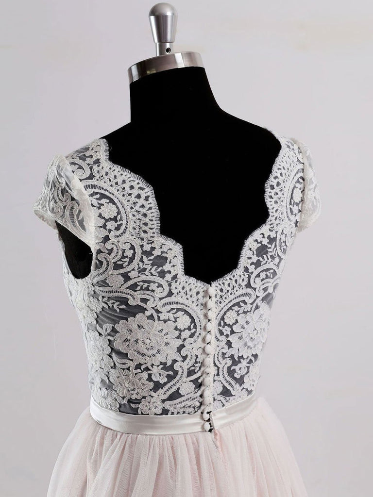Cap Sleeves V Neck See Through A-line Cheap Wedding Dresses Online, WD342 - SposaBridal