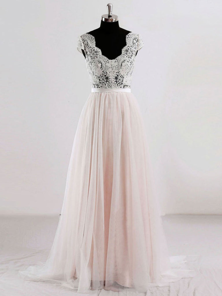 Cap Sleeves V Neck See Through A-line Cheap Wedding Dresses Online, WD342 - SposaBridal