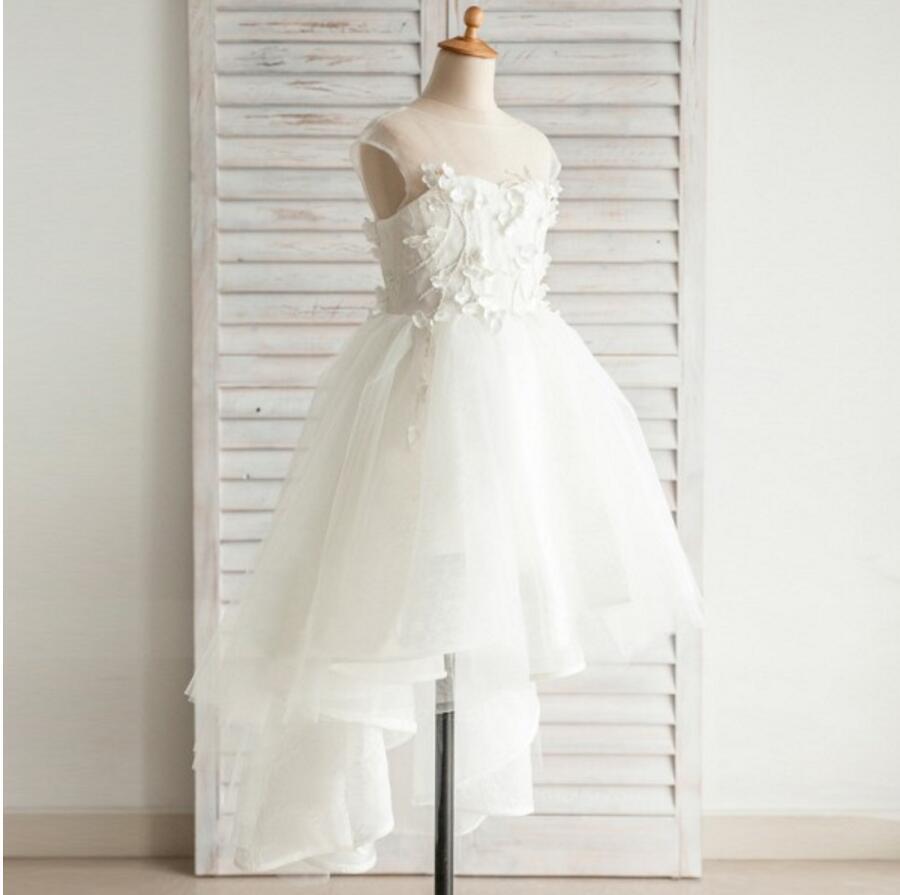 Fashion Hi-low Lovely Appliques Cap Sleeve  Open Back See-through Tulle Flower Girl Dresses, FGS029