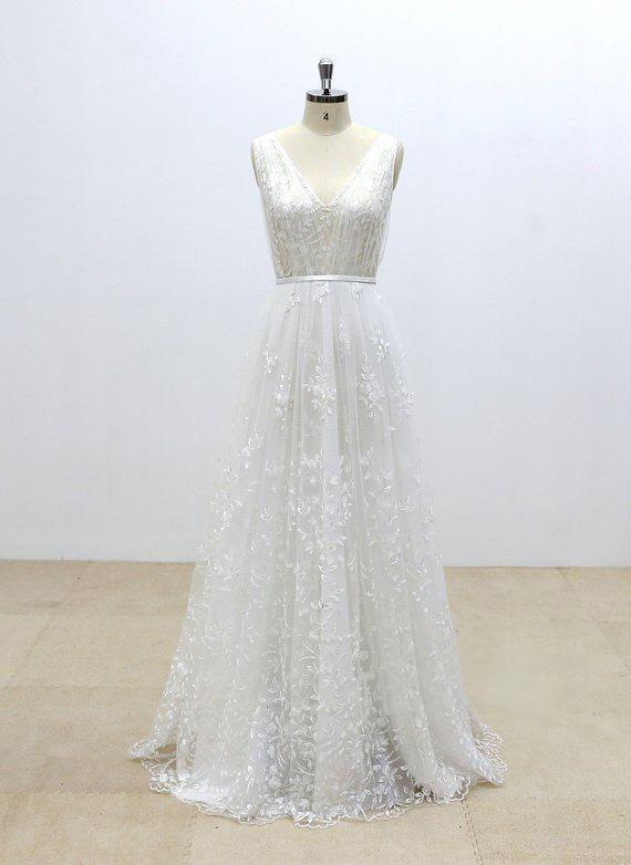 2018 Simple V Neck Lace Cheap A-line Wedding Dresses Online, WD371 - SposaBridal