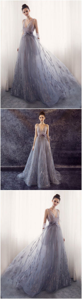 Charming Tulle Unique Newest Design V-neck Straps Prom Dresses, Fashion Modern Prom Dress , PD0464 - SposaBridal