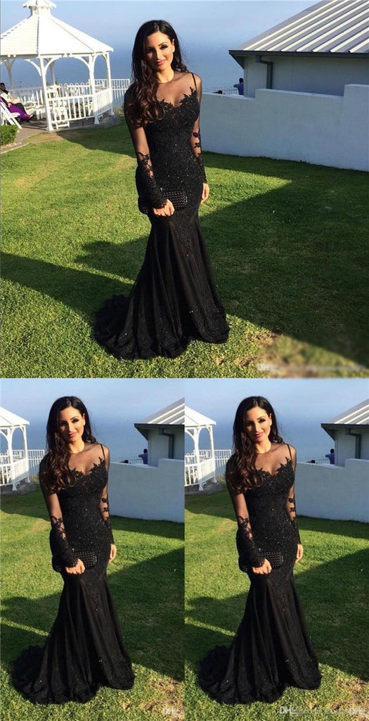 Black Lace Mermaid Popular Prom Dress, Sexy Fashion Dress, Long Sleeves Scoop Prom Dress, PD0435 - SposaBridal