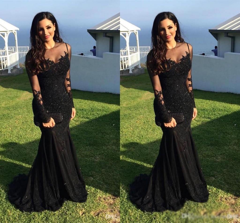Black Lace Mermaid Popular Prom Dress, Sexy Fashion Dress, Long Sleeves Scoop Prom Dress, PD0435 - SposaBridal