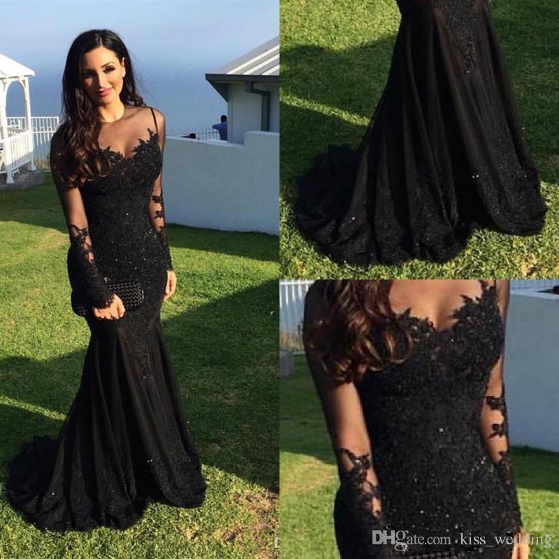 Black Lace Mermaid Popular Prom Dress, Sexy Fashion Dress, Long Sleeves Scoop Prom Dress, PD0435 - SposaBridal