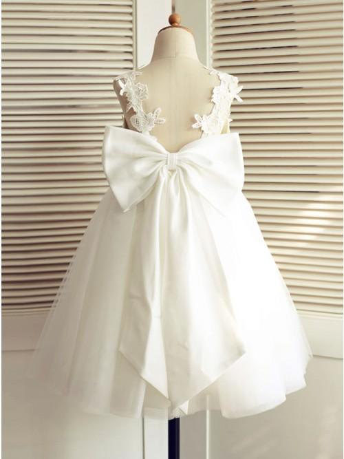 Cheap A-Line V-Neck Backless White Flower Girl Dress with Appliques Bowknot , FG110 - SposaBridal