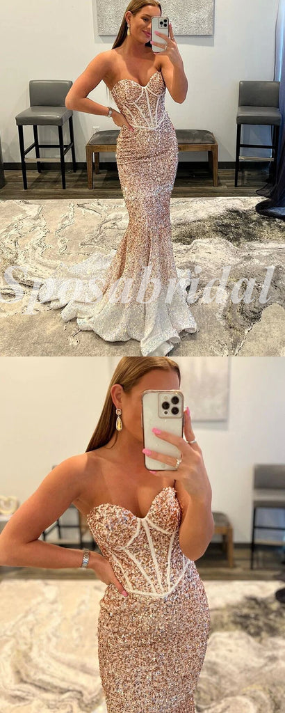 Sexy Gradient Sequin Sweetheart Sleeveless Mermaid Long Prom Dresses, PD3608