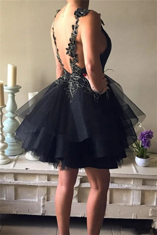 Black Applique Spaghetti Strap V-neck Short Prom Party Dress, Homecoming Dress, PD3096