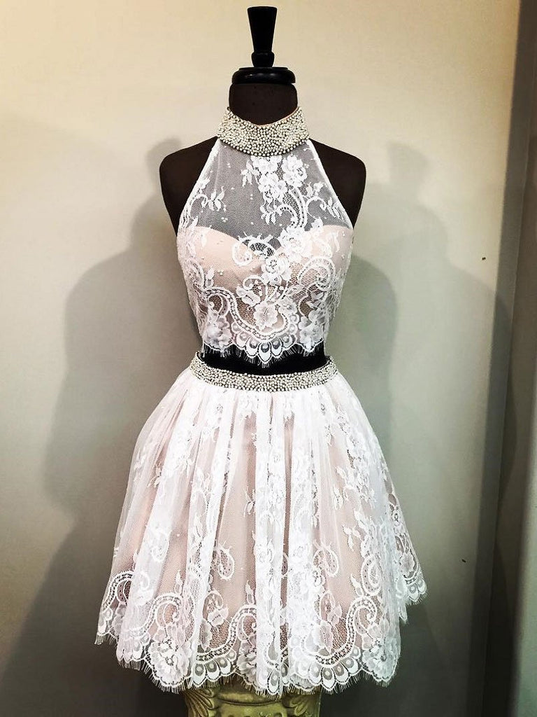 Cheap Halter Two Piece Cute Lace Homecoming Dresses 2018, CM497 - SposaBridal