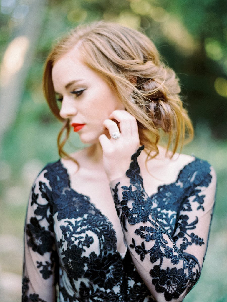 Charming Black Lace Newest Elegant Prom Dress, Custom Long Sleeves Open Back Wedding Dress, PD0393 - SposaBridal