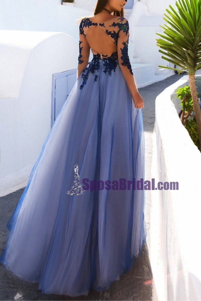 2019 Custom Formal Sexy Colorful Lace Long Sleeve Open Back  Long Evening Prom Dresses, PD0660 - SposaBridal