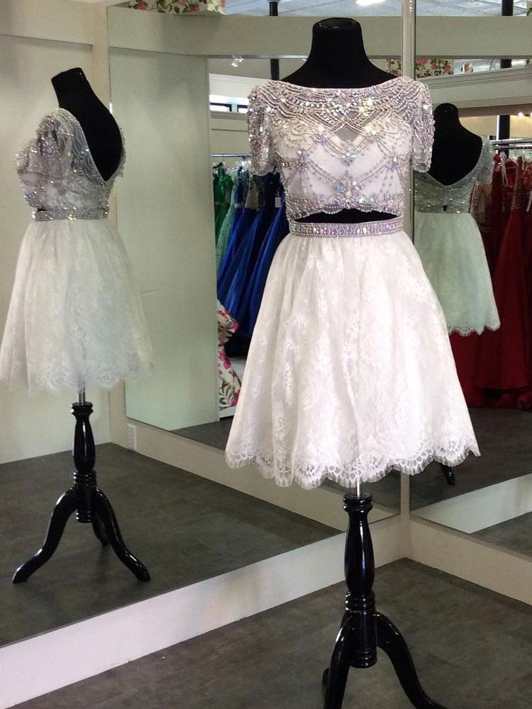 Cap Sleeves Rhinestone Two Pieces Short Homecoming Dresses 2018, CM503 - SposaBridal