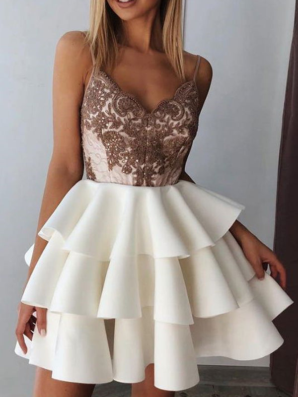 A-line Ruffle Hot Spaghetti Strap Lace Short Homecoming Dresses, BD0427