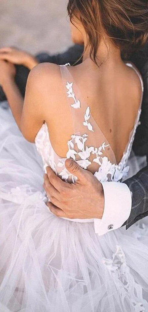 Sexy Spaghetti Strap V-neck Backless A-line Lace Beach Wedding Dresses, WD0610