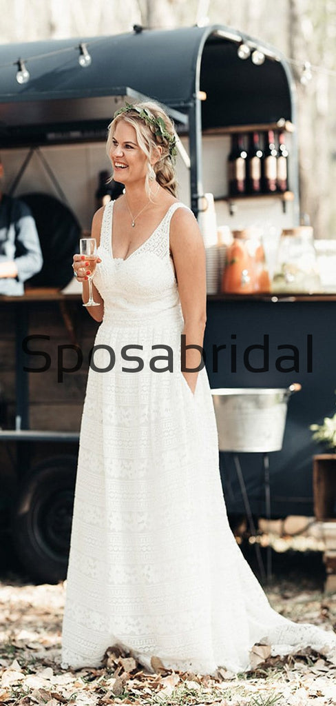 A-line Lace Chic Elegant Rustic Beach Long Wedding Dresses WD0543