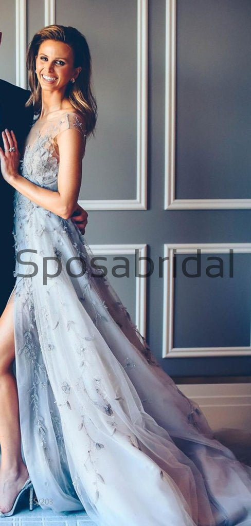 A-line Light Gray Side Slit Lace Modest Long Prom Dresses PD2185