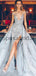 A-line Light Gray Side Slit Lace Modest Long Prom Dresses PD2185