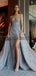 A-line Light Gray Side Slit Lace Modest Long Prom Dresses PD2185