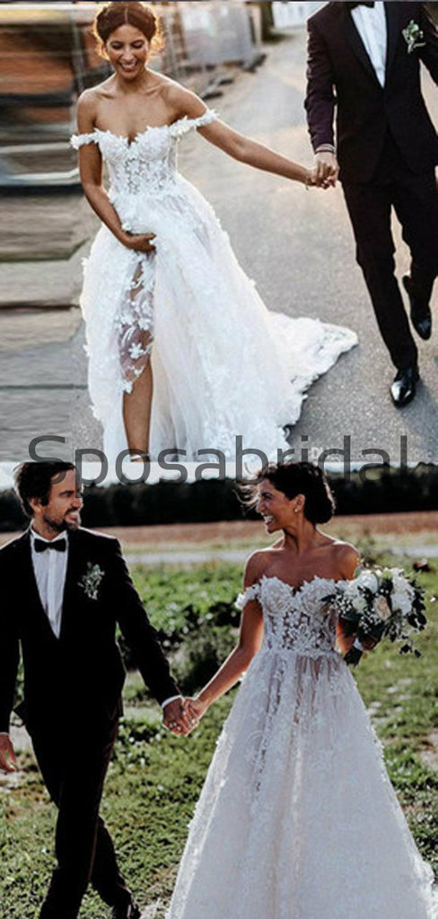 A-line Off the Shoulder Lace Country Modest Wedding Dresses WD0402