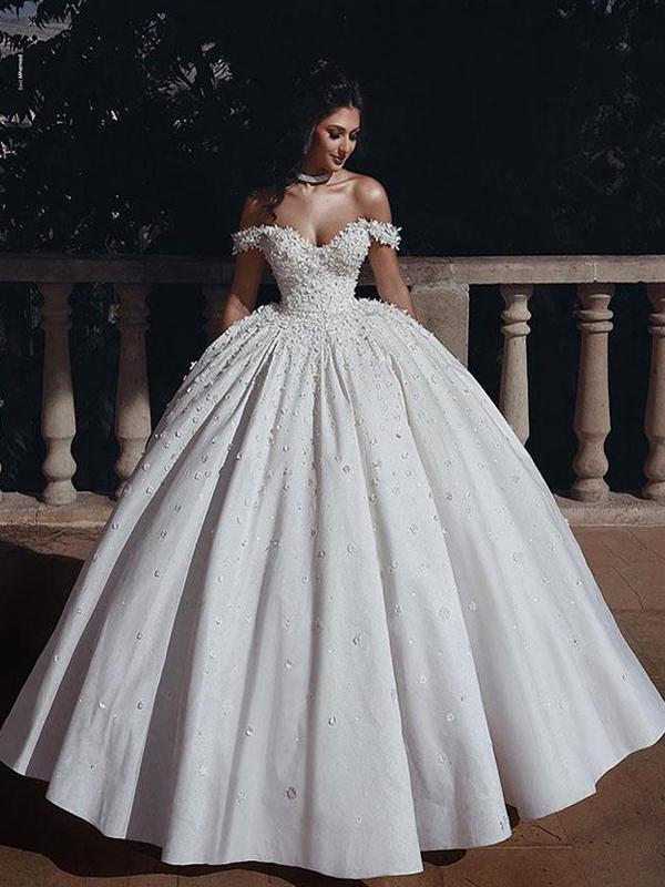 Luxury A-line Off the Shoulder Beads Vintage Long Wedding Dresses, WD0613
