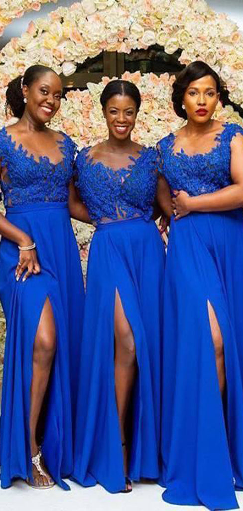A-line Royal Blue Side Slit Lace Gorgeous Bridesmaid Dresses WG603