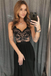 A-line Spaghetti Straps Black Lace Modest Long Prom Dresses PD2156