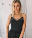 A-line Spaghetti Straps Side Slit Black Lace Modest Prom Dresses PD2159
