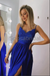A-line Spaghetti Straps Side Slit Blue Lace Modest Prom Dresses PD2160