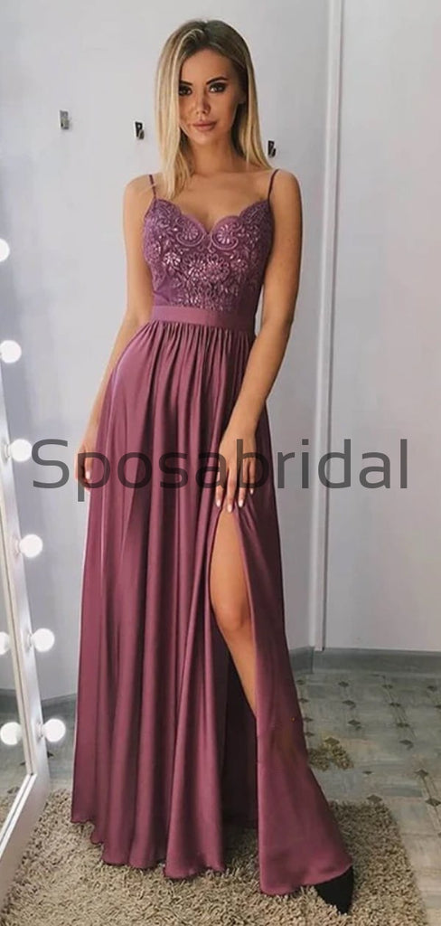 A-line Spaghetti Straps Side Slit Lace Custom Modest Prom Dresses  PD2161