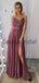 A-line Spaghetti Straps Side Slit Lace Custom Modest Prom Dresses  PD2161