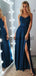 A-line Spaghetti Straps Side Slit Navy Blue Lace Modest Prom Dresses PD2162