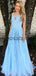 A-line Straps Blue Lace Long Elegant Modest Prom Dresses PD2263