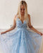 A-line Straps Blue Lace Long Elegant Modest Prom Dresses PD2263