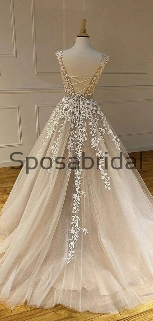 A-line Straps Champagne Lace Long Formal Modest Prom Dresses PD2265