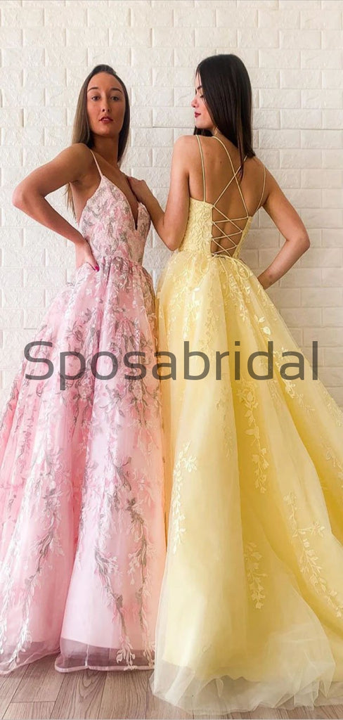 A-line Straps Yellow Pink Lace Modest Formal Long Prom Dresses PD2145