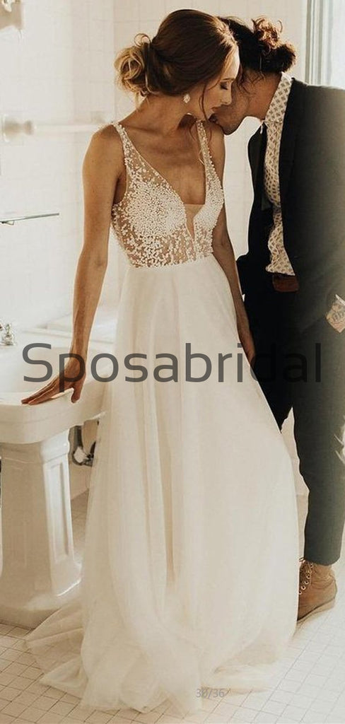 A-line Tulle Beeaded V-back Vintage Long Elegant Wedding Dresses WD0411